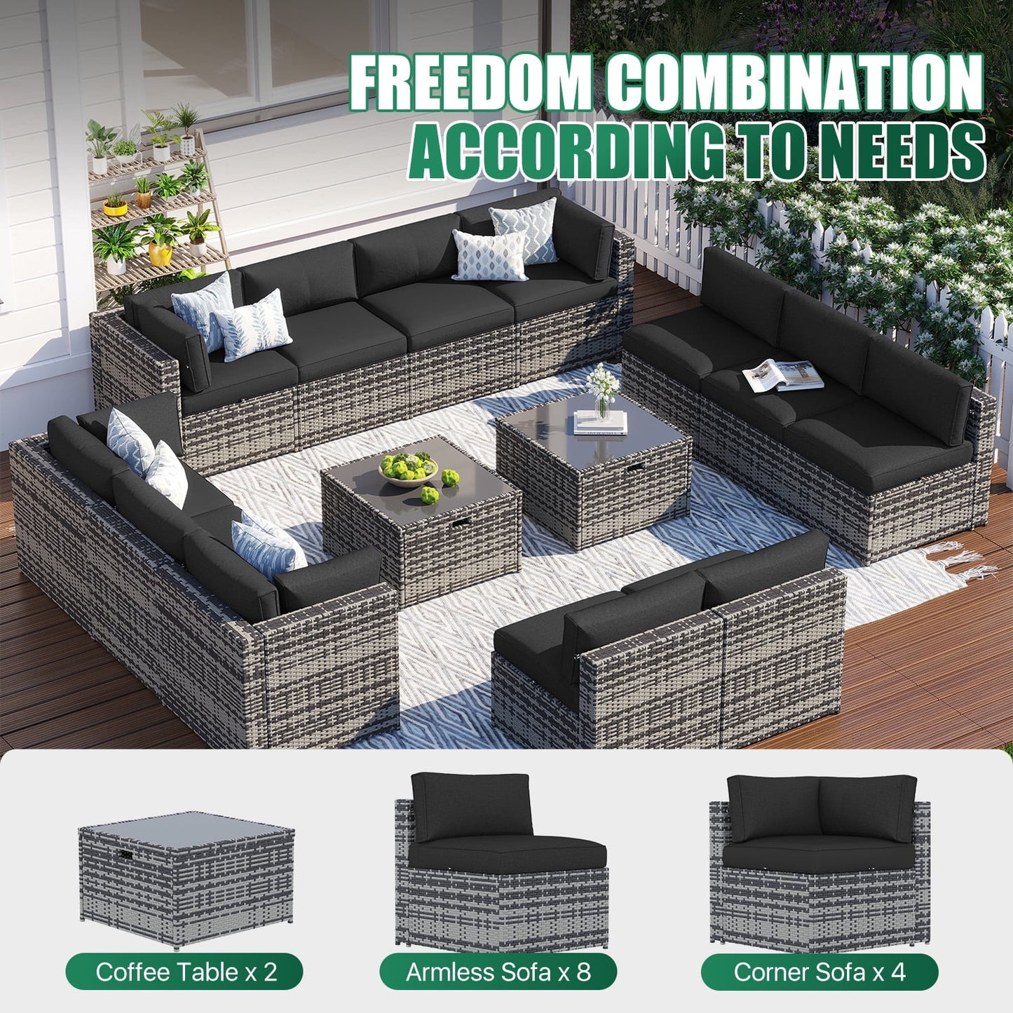 Clouddwell 14 Piece Patio Furniture Set Wicker Rattan Patio Conversation Set Outdoor Sectional Sofa Set with Coffee Table and Black Cushions(Waterproof Cover Included)