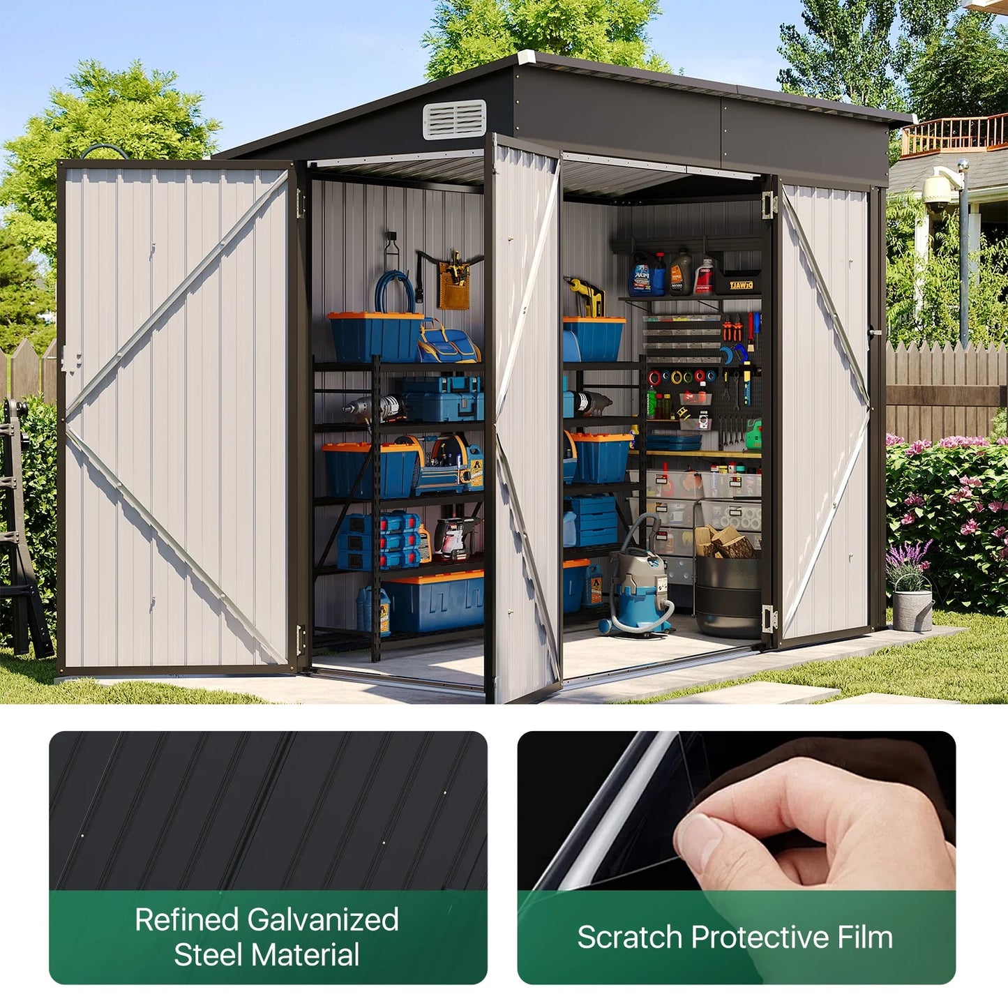 Clouddwell 8ft x 4ft Heavy-Duty Metal Storage Shed with 3 Doors, Lockable Lean-To Design, Weatherproof for Garden & Tools (Black)