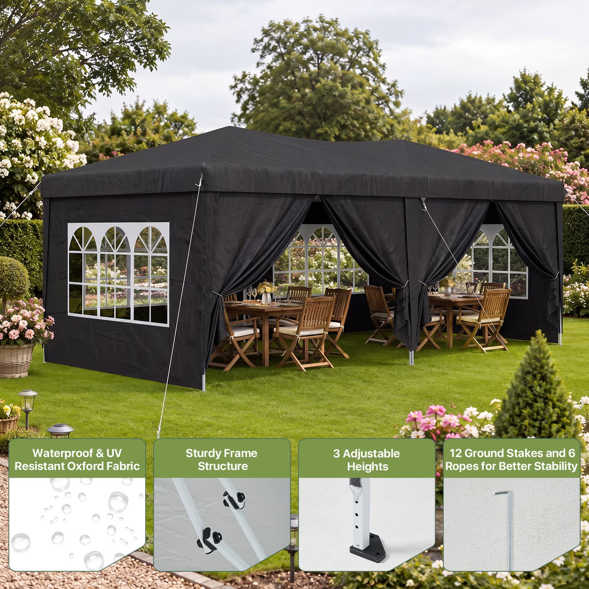 Dateyes 10x20 Pop Up Canopy Tent, Waterproof Party Tent with 6 Removable Sidewalls, 3-Level Height Adjustable Event Tent, Instant Shelter for Wedding, Party, Commercial & Market Events, Black