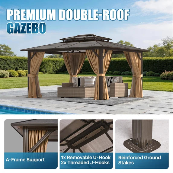 Sunmthink 12' x 14' Hardtop Gazebo,Polycarbonate Double Roof,Aluminum Frame with Curtains and Netting for Patio,Garden,Brown