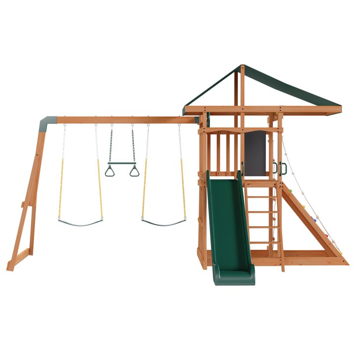 Clouddwell Wooden Backyard Swing Set, Outdoor Playset for Children Wave Slide, Double Rock Wall, Rope Ladder, Web Swing, Belt Swings, Toy Telescope, Steering Wheel