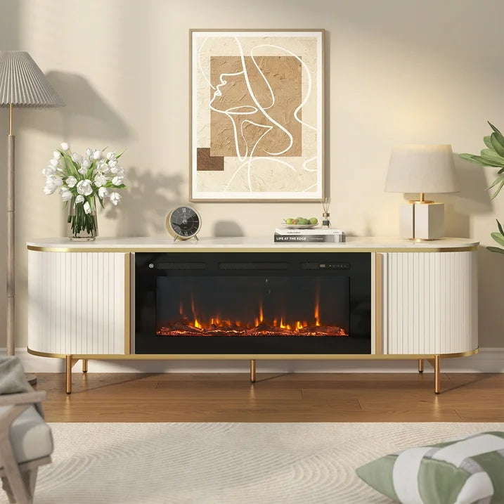 Sonegra 70" Fireplace TV Stand, Modern Entertainment Center for TVs Up to 80", TV Console Table for Living Room, Media Cabinet with Storage,70 Inch, White