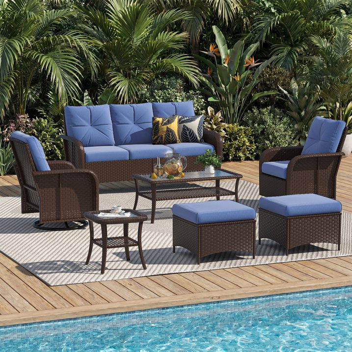 Sunmthink 7-Piece Patio Furniture Set, High Back Swivel Rocker Chairs with Thick Cushions, Wicker Rattan Outdoor Sectional Sofa with Coffee Table & Ottoman, Blue