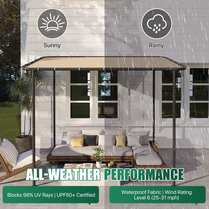 Clouddwell 10×6 FT Wall-Mounted Sloped Roof Outdoor Pergola Canopy, Water-Resistant & UV-Resistant Metal Patio Gazebo for Backyard Garden Porch in Khaki