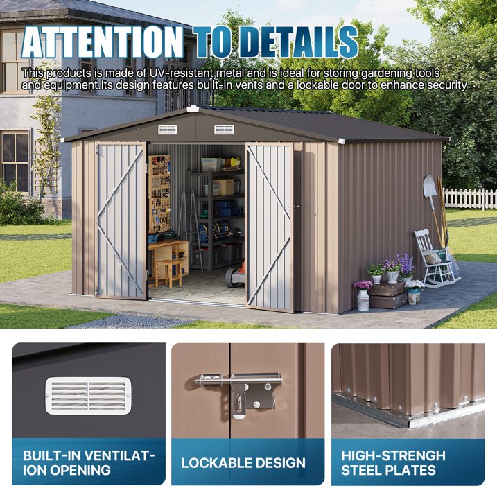Clouddwell 10 x 12FT Shed Outdoor Storage Shed with Double Hinged Large Door, Large Metal Shed with Lockable Door & Sloped Roof for Garden, Backyard, Patio and Backyard, Brown