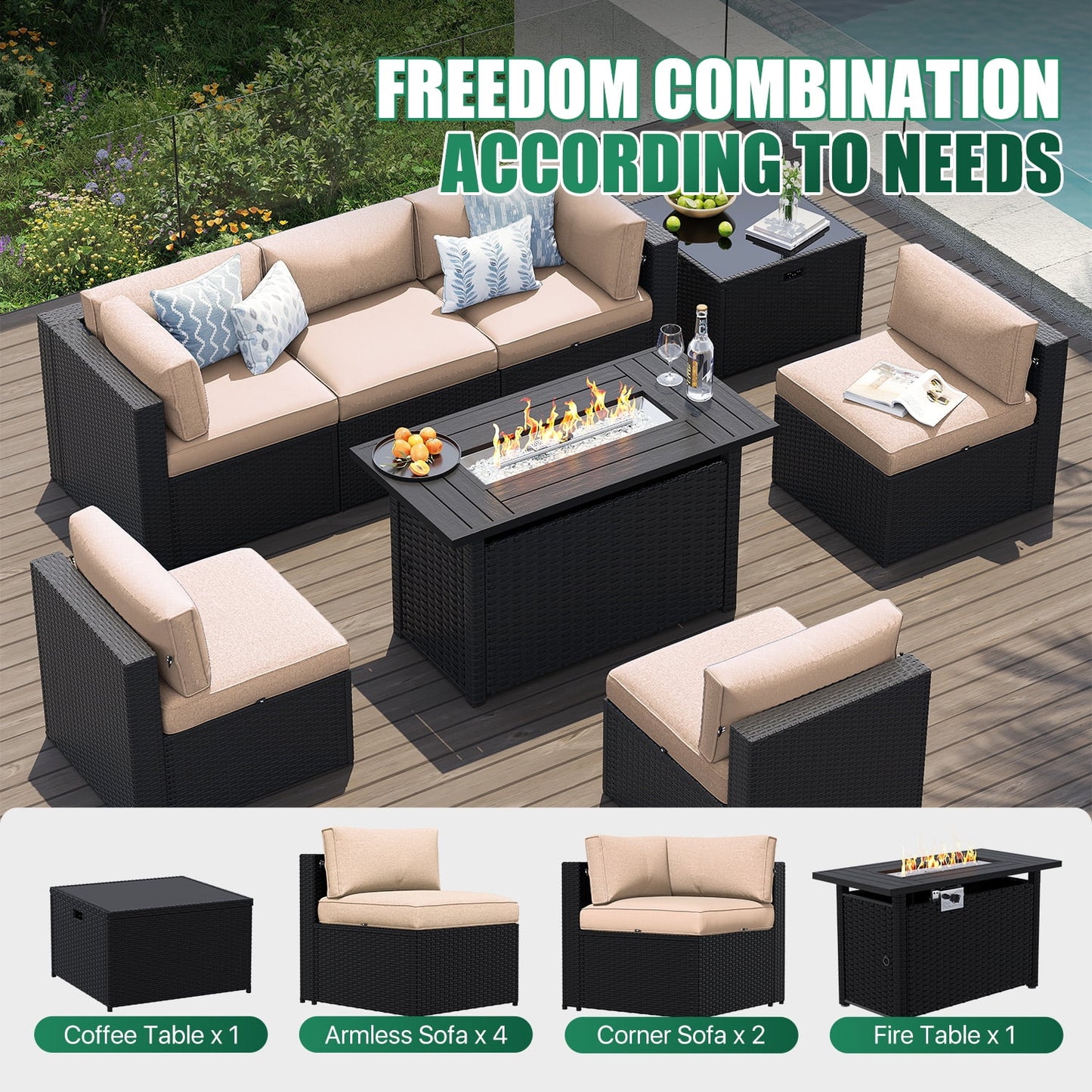 Clouddwell 8-Piece Patio Furniture Set With Fire Table On Sale, Black Rattan Wicker Outdoor Sectional Sofa Couch with Table Patio Conversation Set for Lawn& Backyard,Beige