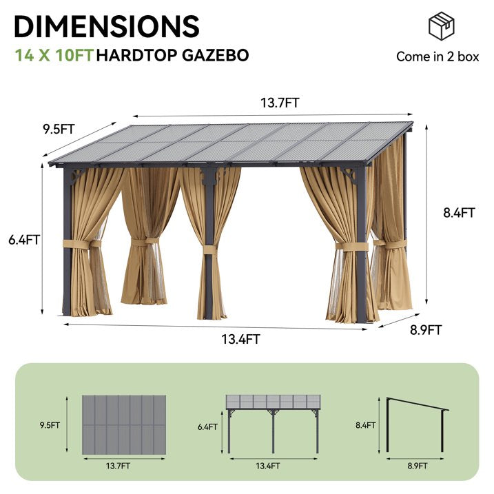 Dateyes 14‘x10’ Wall-Mounted Patio Gazebo with Durable Polycarbonate Roof, Full Bug Screens & Privacy Panels