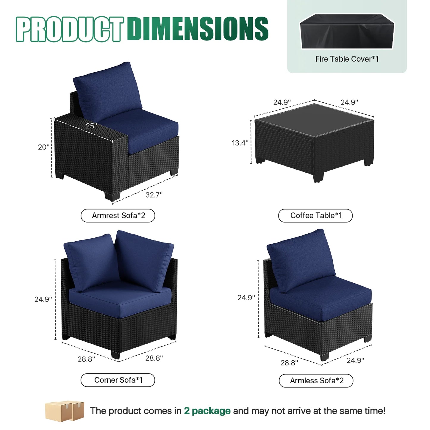 Clouddwell 6-Piece Outdoor Patio Set,4-Inch Thickened Cushions, All-Weather Wicker Sectional with Coffee Table & Custom Protective Cover Navy Blue