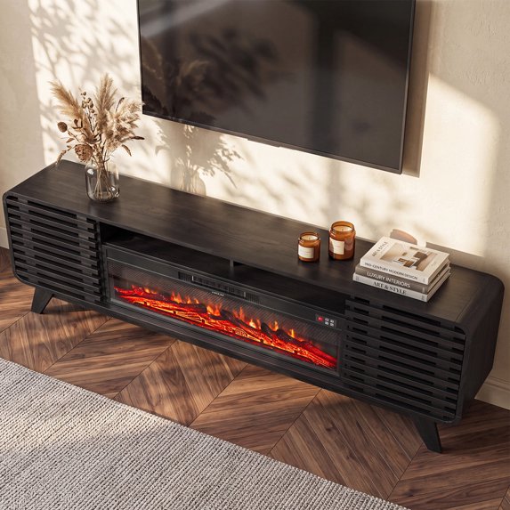 Sonegra Fireplace TV Stand with 40" Electric Fireplace, Mid Century Modern Entertainment Center with Led Lights for 90" TVs , Wood Media Console with Slatted Sliding Doors for Living Room, Black