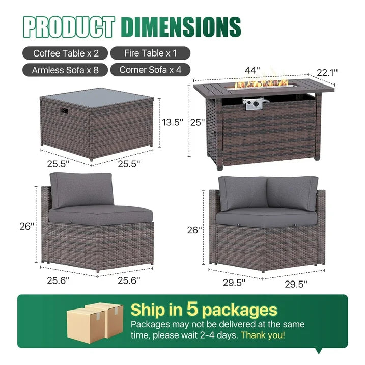 Clouddwell 15 Piece Patio Furniture Set with 44” Fire Pit Table Wicker Rattan Patio Conversation Set Outdoor Sectional Sofa Set with Coffee Table and Gray Cushions(Waterproof Cover Included)