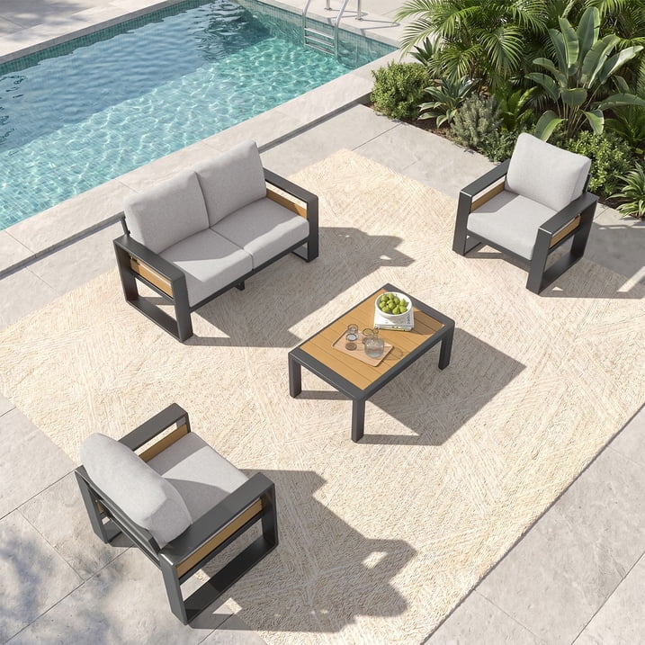 Clouddwell 4-Seats Aluminum Patio Furniture Set, Outdoor Metal Sofa Conversation Set with Coffee Table for Pool Garden Porch Backyard, Light Gray