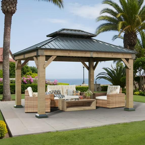 Clouddwell 12*10FT Upgraded Cedar Gazebo,Cedar Hard Roof Gazebo,with Double-Layer Galvanized Steel Roof,Suitable for Backyard,Desk,and Lawn.
