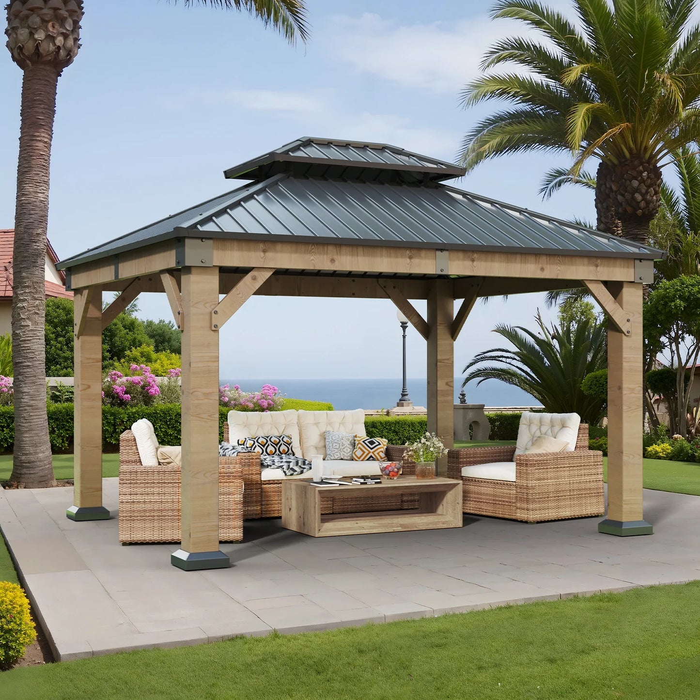 Clouddwell 12*10FT Upgraded Cedar Gazebo,Cedar Hard Roof Gazebo,with Double-Layer Galvanized Steel Roof,Suitable for Backyard,Desk,and Lawn.