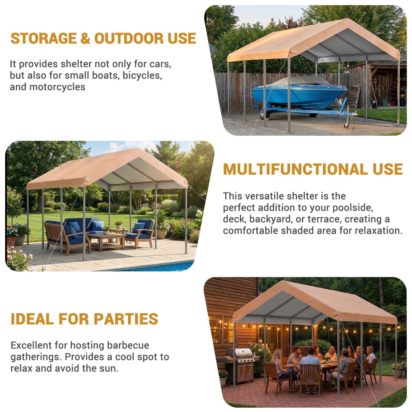 Aoxun 10x15 ft Heavy Duty Carport Canopy, Potable Car Canopy with Adjustable Height, Outdoor Carport Shelter Portable Garage with Reinforced Frame for Cars, Boats, Trucks, Khaki