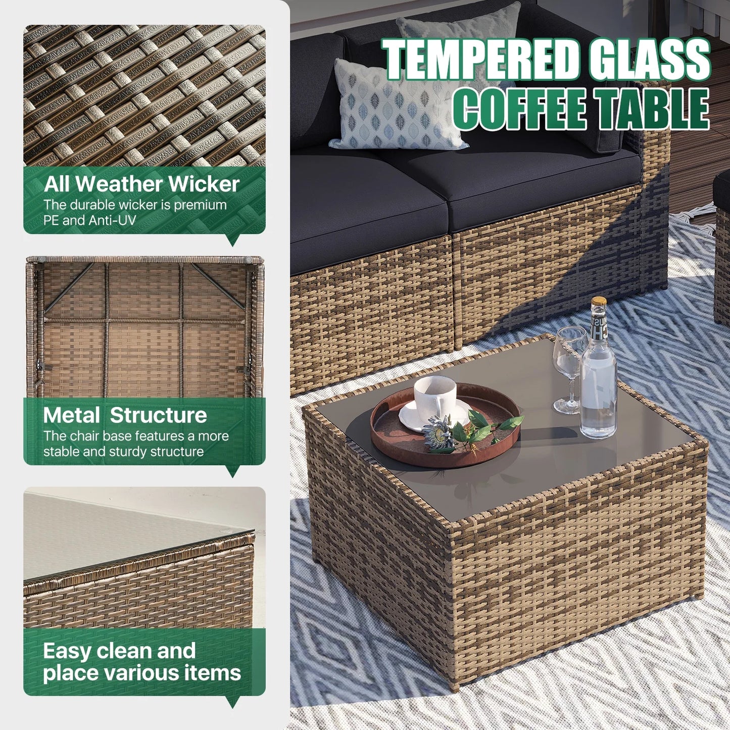 Clouddwell 12 Piece Patio Furniture Set with 44” Fire Pit Table Wicker Rattan Patio Conversation Set Outdoor Sectional Sofa Set with Coffee Table and Black Cushions(Waterproof Cover Included)