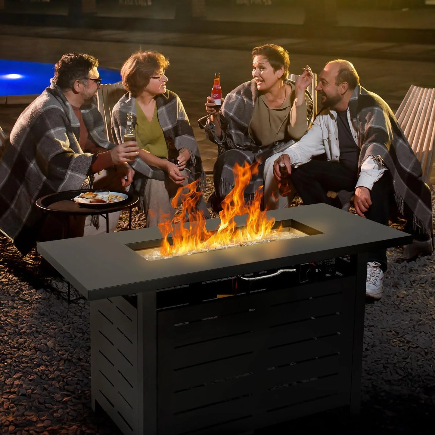 ClouddwellOutdoor 44" 50,000 BTU Propane Gas Fire Pit Table, Ceramic Tabletop and Rattan Weaved Iron Frame, Water-Proof Oxford Cover, Glass Wind Guard