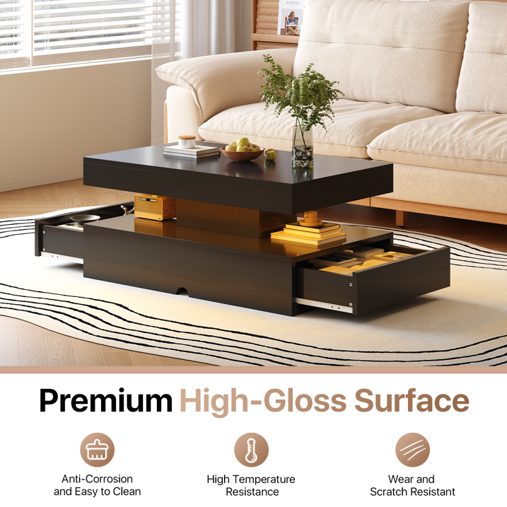 Sonegra 39" High-Glossy LED Coffee Table, Storage Coffee Table with 2 Sliding Drawers for Living Room, Modern Stylish Double-Layer Center Tables with LED Lights, Black