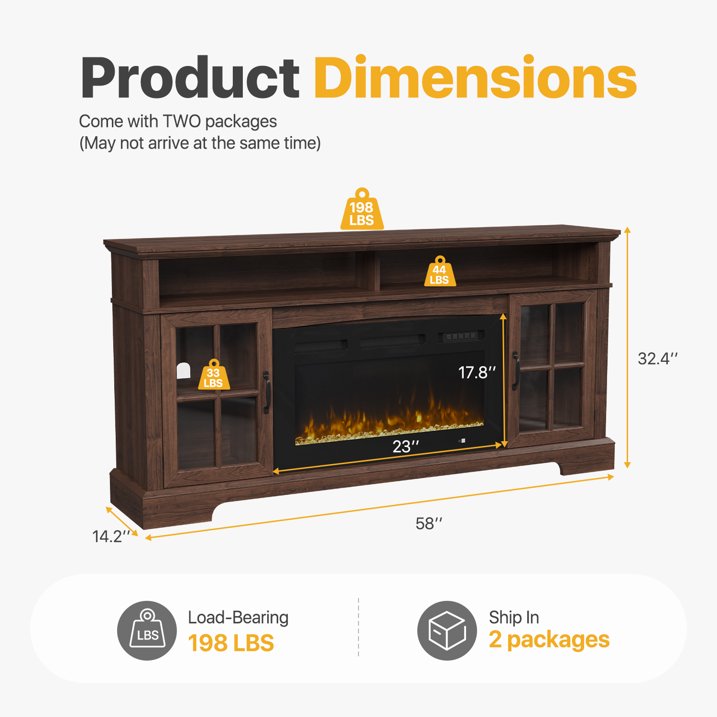 Sonegra Fireplace TV Stand with Glass Door for TVs up to 80", 70" Entertainment Center with Fireplace, Media Console for Living Room, Brown