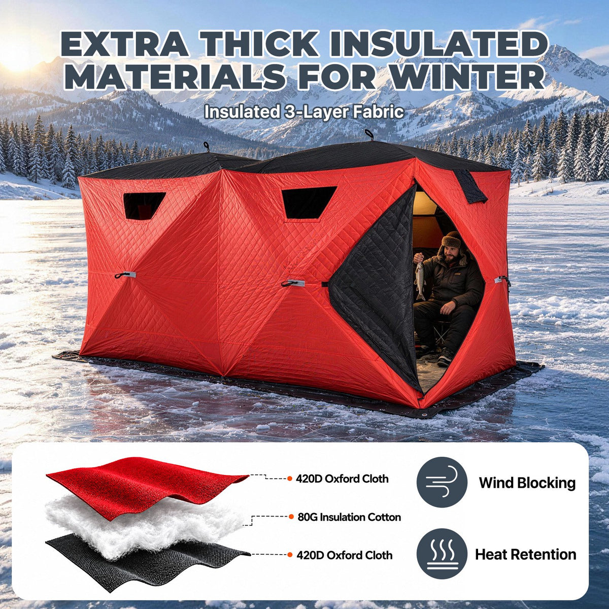 Dateyes Pop Up Ice Fishing Shelter, Insulated Ice Fishing Tent for 6-8 People, 420D Insulated Fabric, 150"x70"x78" 73 sq.ft Fishing Area, Red