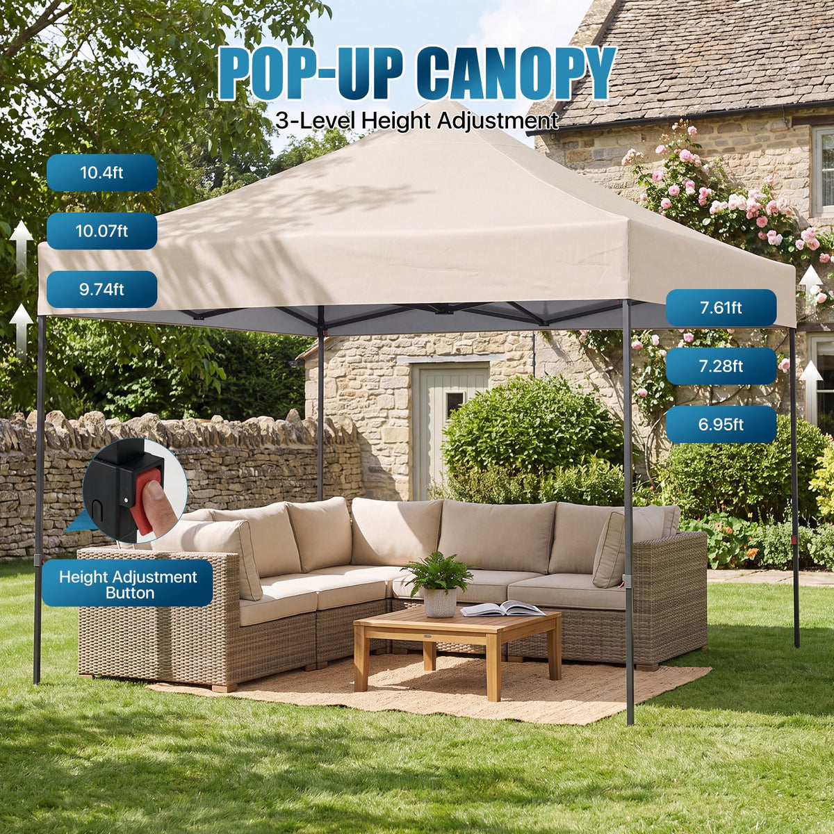 Dateyes 10x10FT Pop Up Canopy, Outdoor Canopy Tent with Carry Bag, Easy Setup Portable Instant Canopy with 4 Sandbags and 8 Stakes for Outdoor Events, Parties, Beach, Backyard, Lawn, Beige