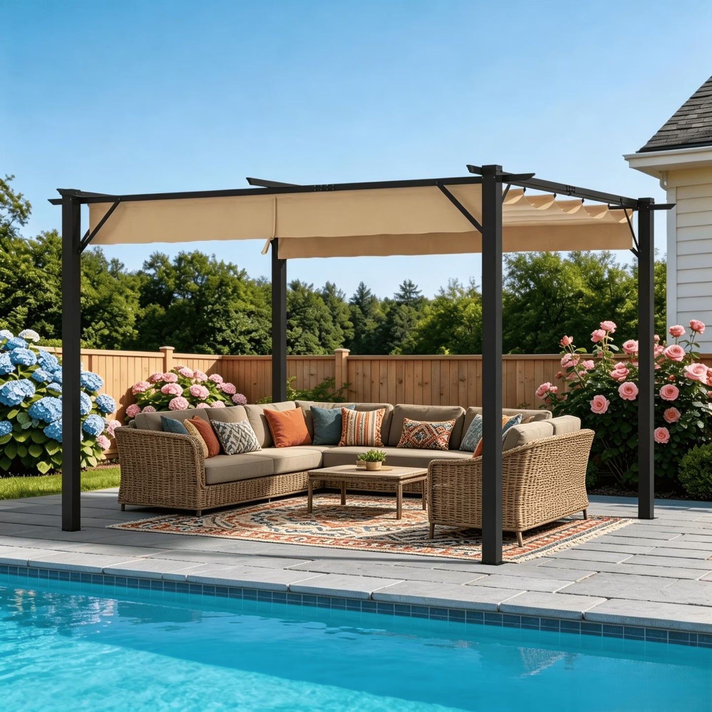 Clouddwell 12x10 ft Outdoor Pergola with Retractable Canopy, Heavy-Duty Metal Frame Patio Pergola for Backyard & Garden, UV Protection Sun Shade, Khaki