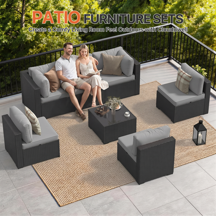 Clouddwell 7 Pieces Patio Furniture Set, All-Weather Wicker Rattan Patio Sectional Sofa Set with Coffee Table (Light Gray)