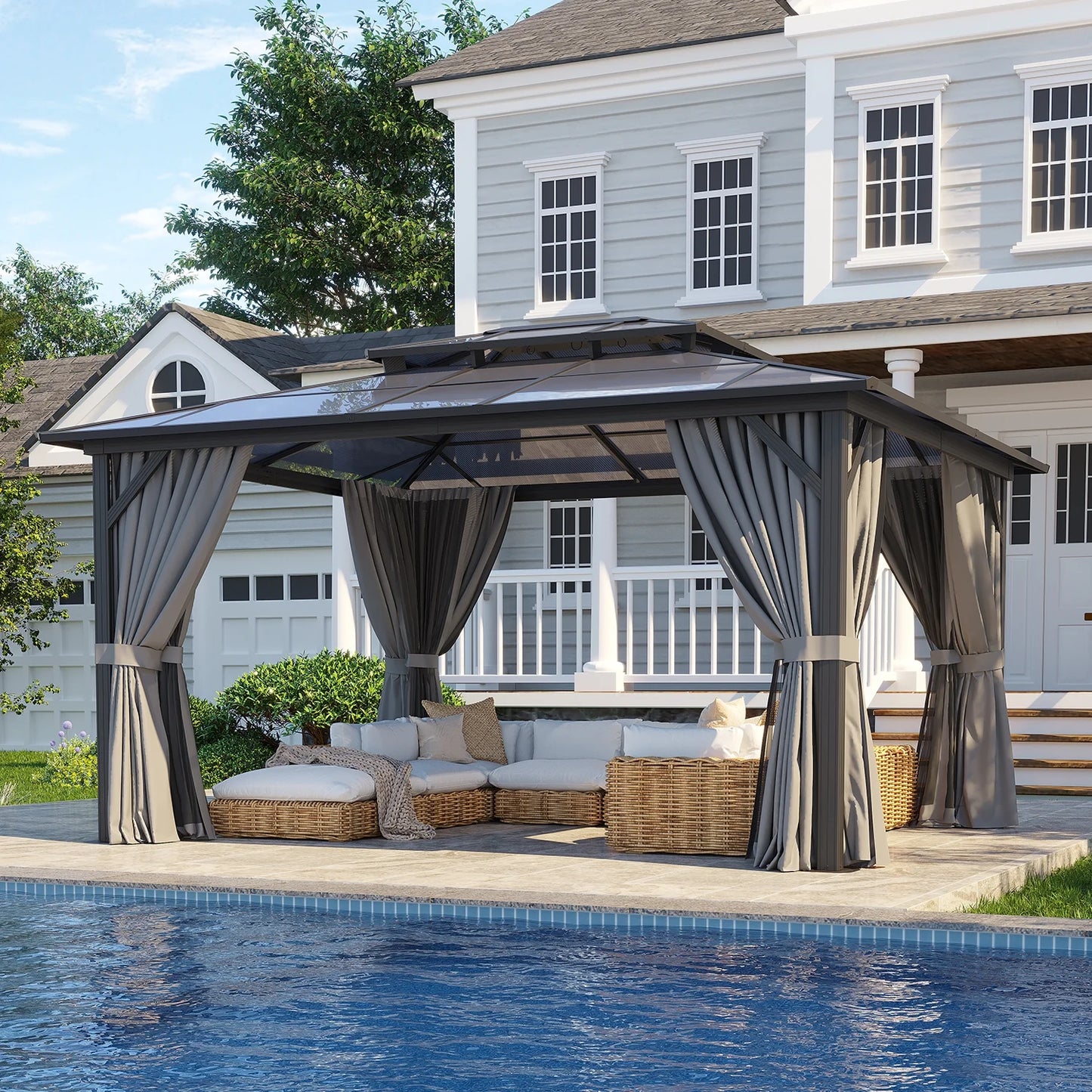 Clouddwell 12'x14' Hardtop Gazebo - Polycarbonate Double Roof with Netting & Curtains for Patio, Garden Sun Protection,Gray