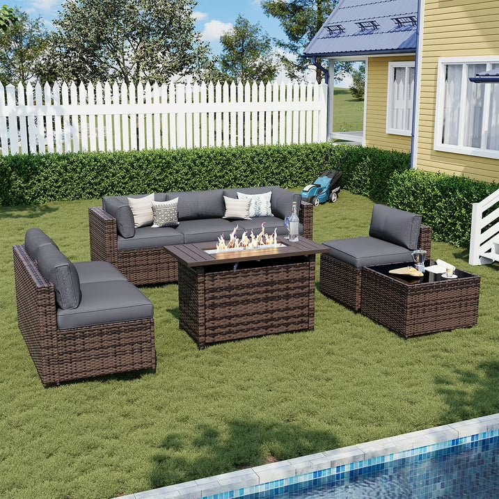 Sunmthink 8-Piece Outdoor Patio Furniture, Patio Furniture Sets with Fire Pit, Wicker Outdoor Conversation Set and Waterproof Cover