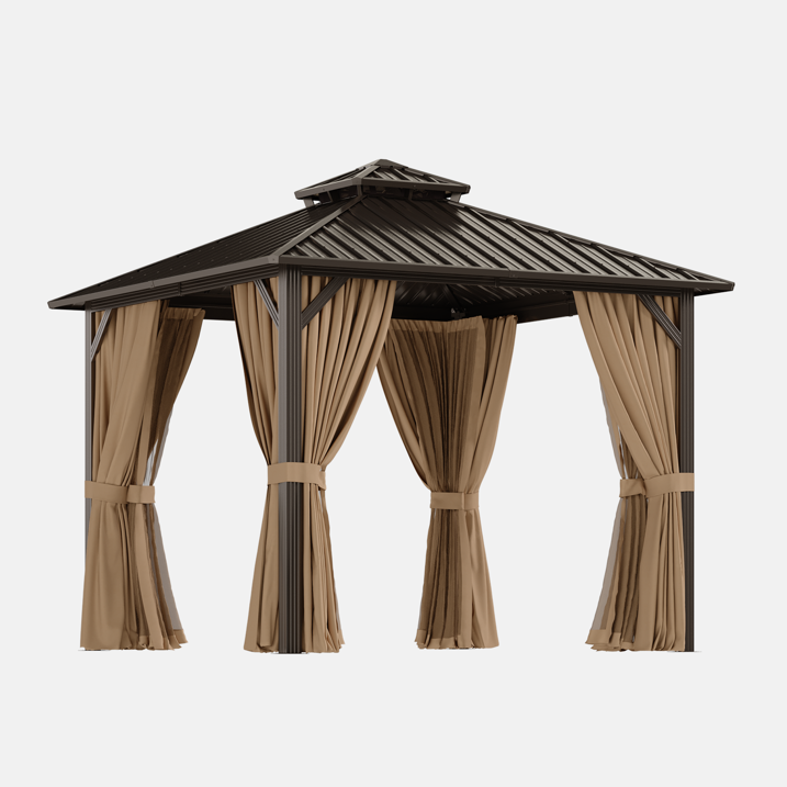 Dateyes 10x10 FT Outdoor Hardtop Gazebo, Aluminum Frame Gazebo with Removable Mesh Walls and Curtains for Patio, Lawns, Brown