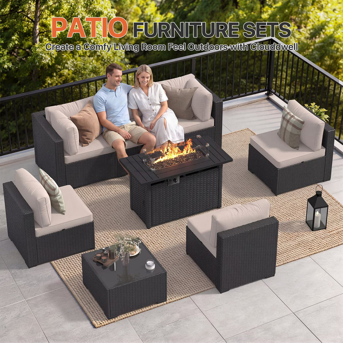 Dateyes 8-Piece Patio Furniture Set with Fire Pit, All-Weather Wicker Rattan Outdoor Sectional Sofa Set with Coffee Table (Beige)