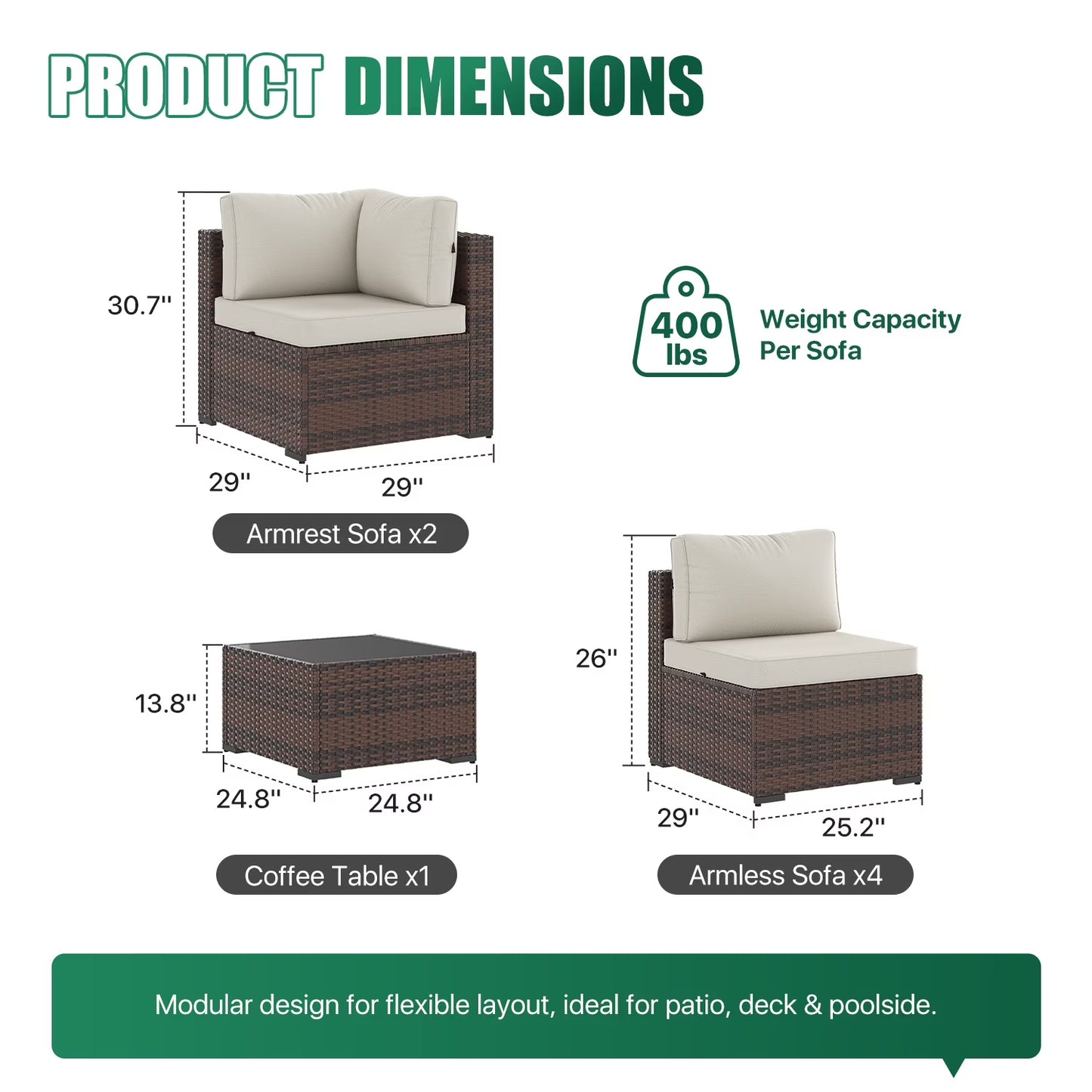 Clouddwell 7 Piece Outdoor Patio Furniture Set, Wicker Rattan Patio Sectional Sofa Sets, Off White