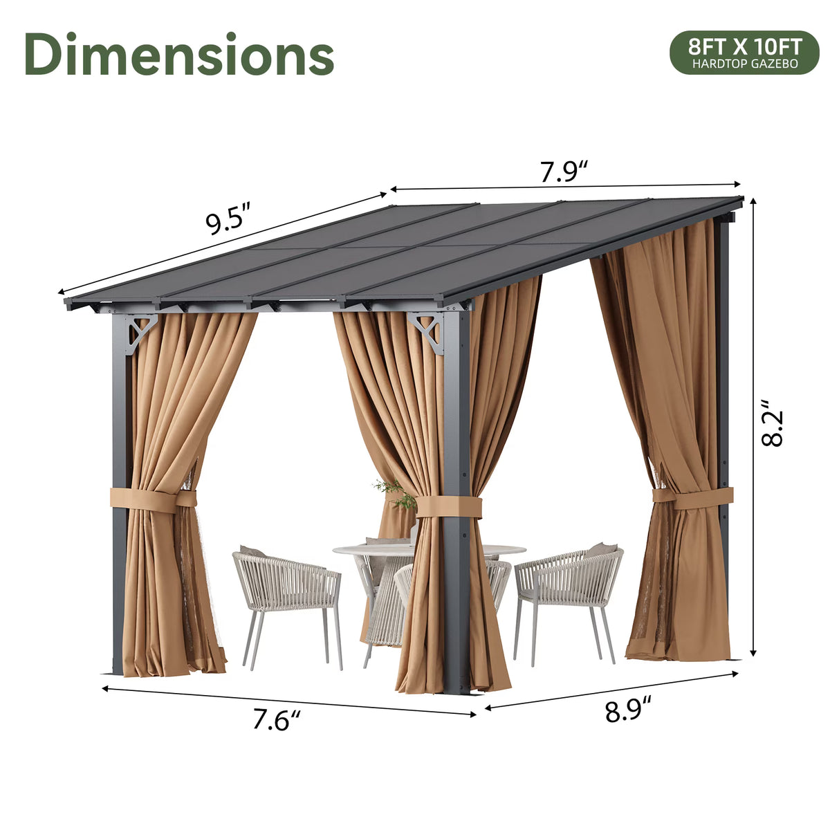 Aoxun 8'x10' Lean to Gazebo with Mosquito Net and Curtains, Aluminum Frame, Polycarbonate Panel, Wall Mounted Pergola with Sloped Roof for Backyard, Porch, Deck