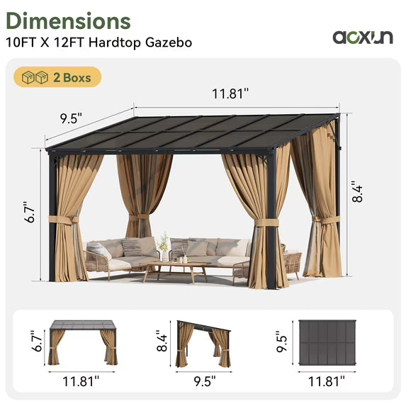 Aoxun 10'x12' Lean to Gazebo with Mosquito Net and Curtains, Aluminum Frame, Polycarbonate Panel, Wall Mounted Pergola with Sloped Roof for Backyard, Porch, Deck