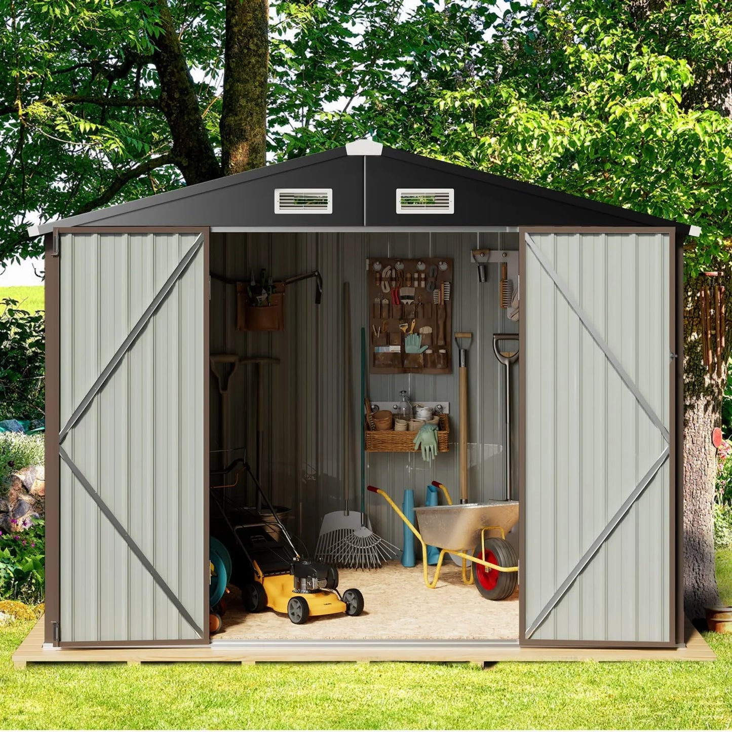 Sumthink 8.5 x 5.6 FT Outdoor Storage Shed, Metal Shed for Garden, Backyard, Patio, Brown