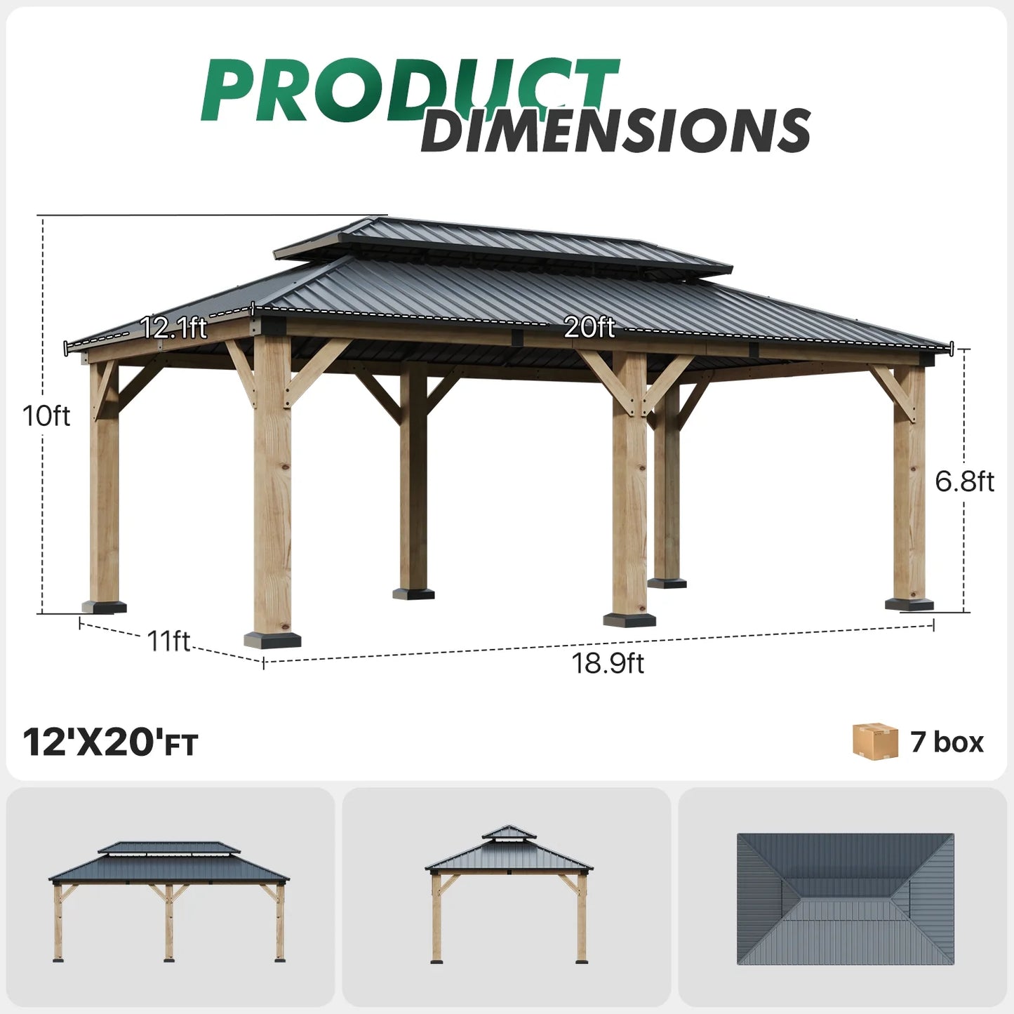 Clouddwell 12*20FT Upgraded Cedar Gazebo,Cedar Hard Roof Gazebo,with Double-Layer Galvanized Steel Roof,Suitable for Backyard,Desk,and Lawn.
