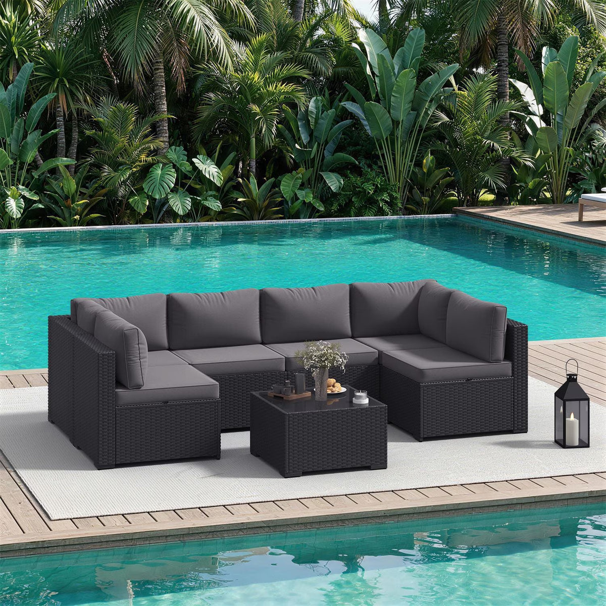 Dateyes 7-Piece Patio Furniture Set, All-Weather Wicker Rattan Outdoor Sectional Sofa Set with Coffee Table (Dark Gray)