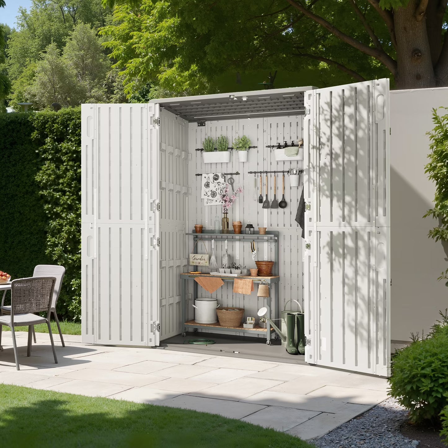 Sunmthink 5'X3' Resin Storage Shed with Floor, Outdoor Storage Shed, Waterproof Plastic Shed with Lockable Four Doors, Thick 4mm Resin Panels