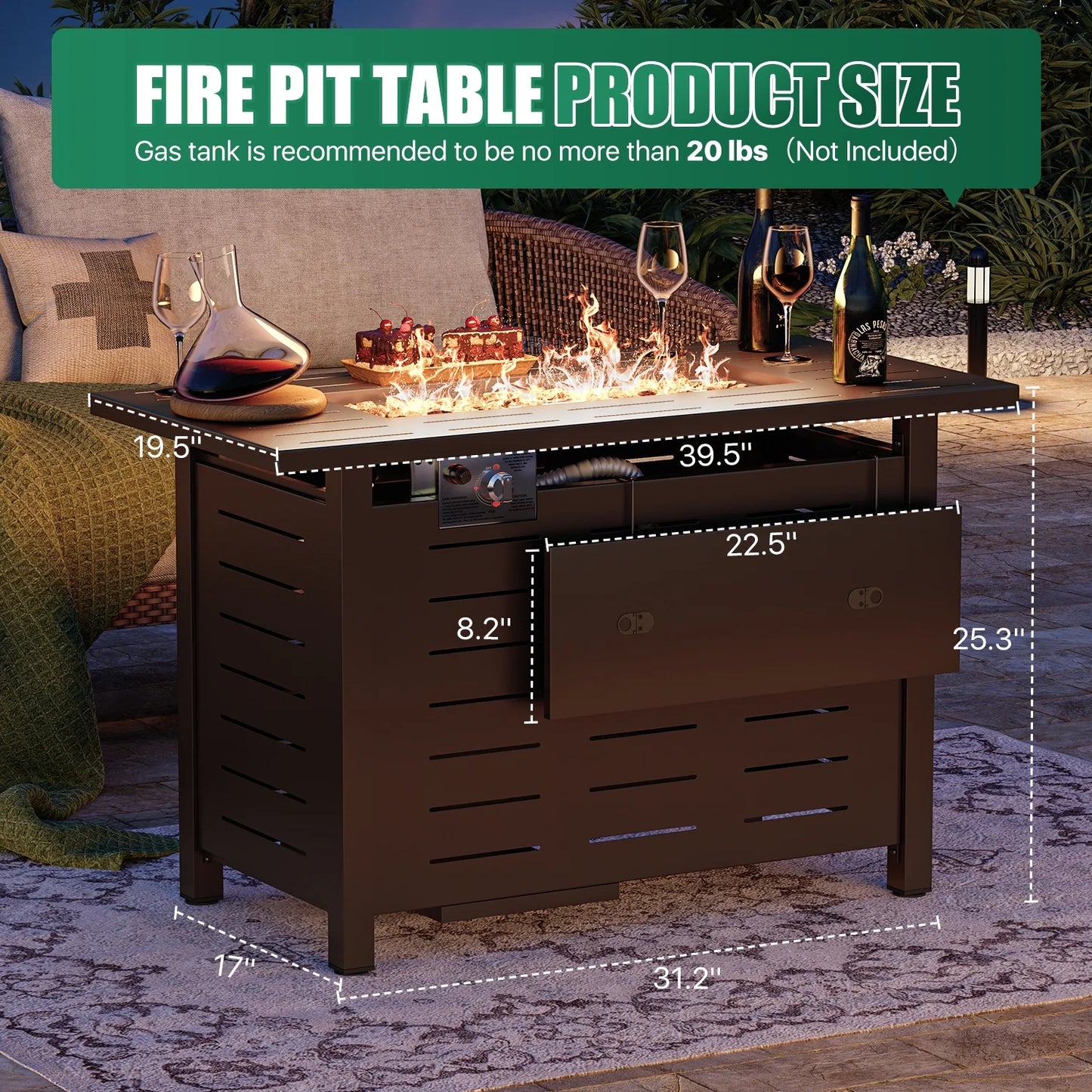 Clouddwell 40" Black Propane Fire Pit Table, 50,000 BTU Outdoor Gas Firepit with Lava Rocks, Removable Lid & Waterproof Cover for Patio Brown