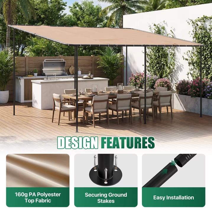 Clouddwell 12×16 FT Wall-Mounted Sloped Roof Outdoor Pergola Canopy, Water-Resistant & UV-Resistant Metal Patio Gazebo for Backyard Garden Porch in Khaki