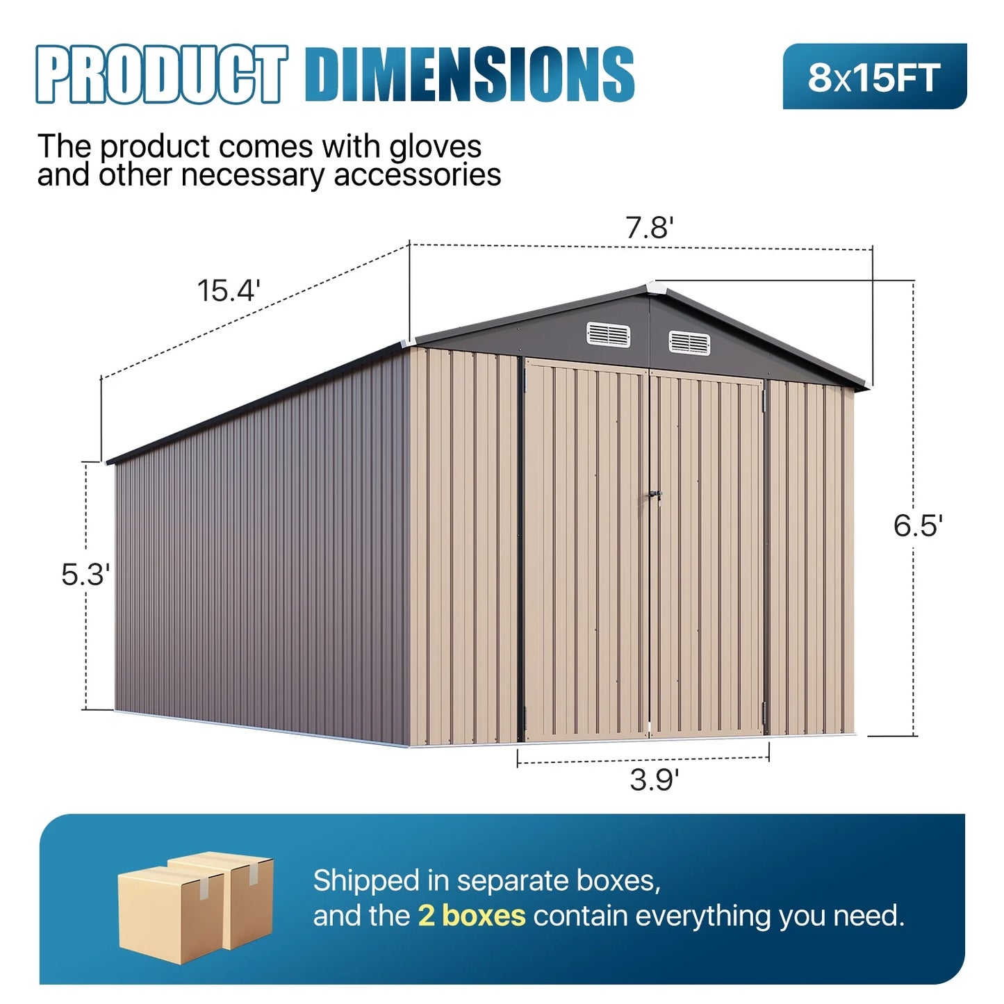 Clouddwell 8 x 15FT Shed Outdoor Storage Shed with Double Hinged Large Door, Large Metal Shed with Lockable Door & Sloped Roof for Garden, Backyard, Patio and Backyard, Brown