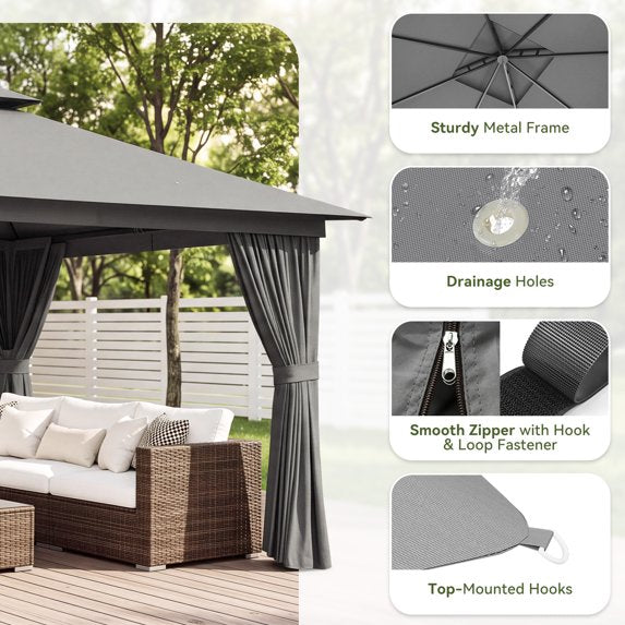 Sunmthink Outdoor Gazebo for Patio 12'x12', Metal Frame Canopy with Double Roofs, Heavy Duty Party Tent and Shelter with Mosquito Netting and Privacy Screen for Backyard,Garden,Deck (Gray)