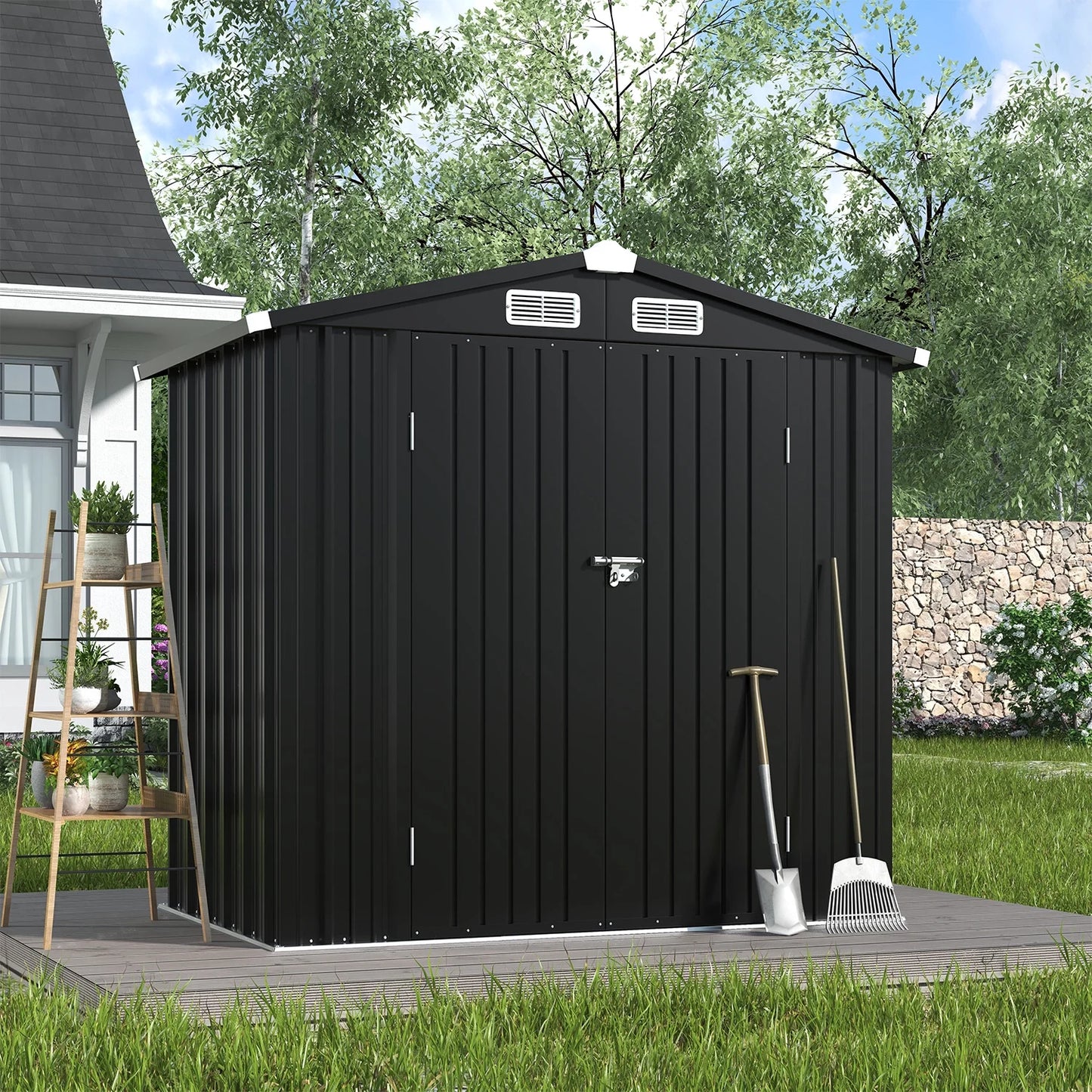 Clouddwell 6 ft. x 4 ft. Outdoor Storage Shed, Black Metal Garden Shed with Lockable Doors & Sloped Roof for Backyard, Patio, Poolside