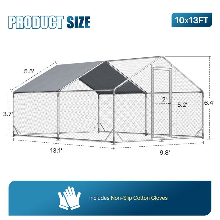Sunmthink Heavy Duty Metal Chicken Coop Poultry Cage, Large Outdoor Yard Walk-in Enclosure with Waterproof Flat Roof Cover (9.8' L x 13.1' W x 6.4' H)