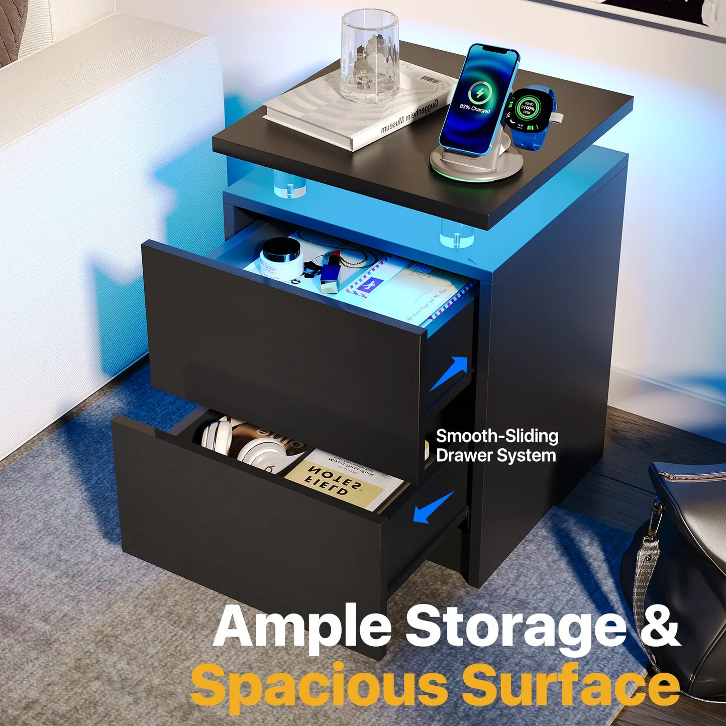 Sonegra Nightstand Set of 2 with Charging Station, LED End Table with 2 Storage Drawers, Sofa Side Table for Living Room and Bedroom, Black 15IN