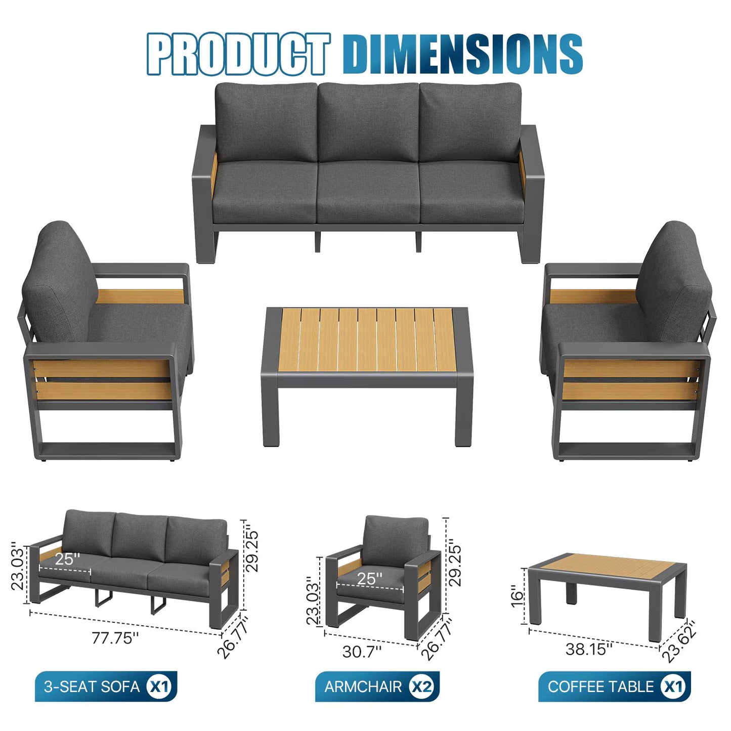 Clouddwell 5-Seats Aluminum Patio Furniture Set, Outdoor Metal Sofa Conversation Set with Coffee Table for Pool Garden Porch Backyard, Dark Gray