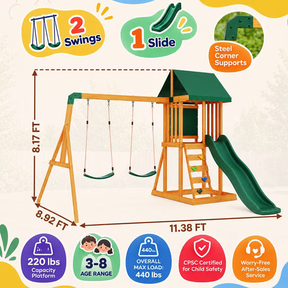 Clouddwell Backyard Wooden Swing Set – Outdoor Playground with Slide, Play Deck, Rock Wall Ladder, Belt Swings & Chalkboard