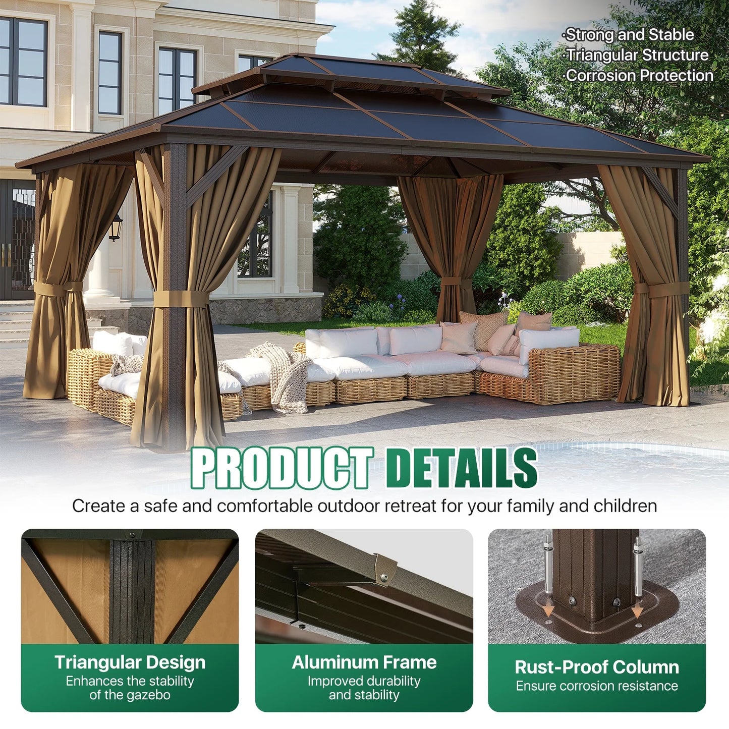 Clouddwell 12'x16' Hardtop Gazebo - Polycarbonate Double Roof with Netting & Curtains for Patio, Garden Sun Protection,Browm