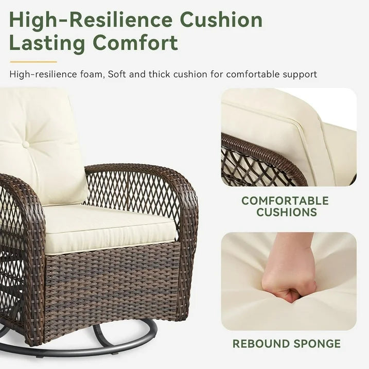 Aoxun 3 Pieces Patio Furniture Set, Patio Swivel Rocker Chairs Set of 2, Wicker Outdoor Bistro Set with Rocking Chair, Thickened Cushions and Table for Porch (Beige)