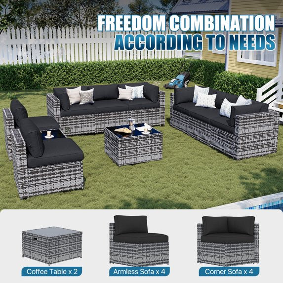 Sunmthink Patio Furniture Sets, 10-Piece Outdoor Patio Furniture with Thick Cushions, Wicker Outdoor Conversation Set and Waterproof Cover for Backyard, Poolside, Garden