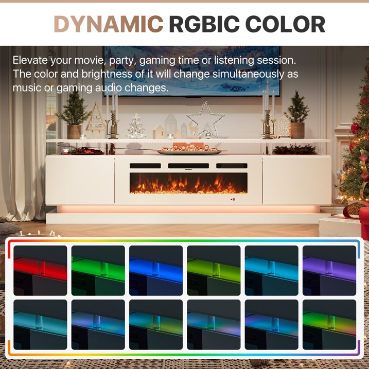 Sonegra Modern Fireplace TV Stand for TVs Up to 80" with Music Sync LED, 70" Entertainment Center with Electric Fireplace, TV Console with Storage Cabinets for Living Room, White